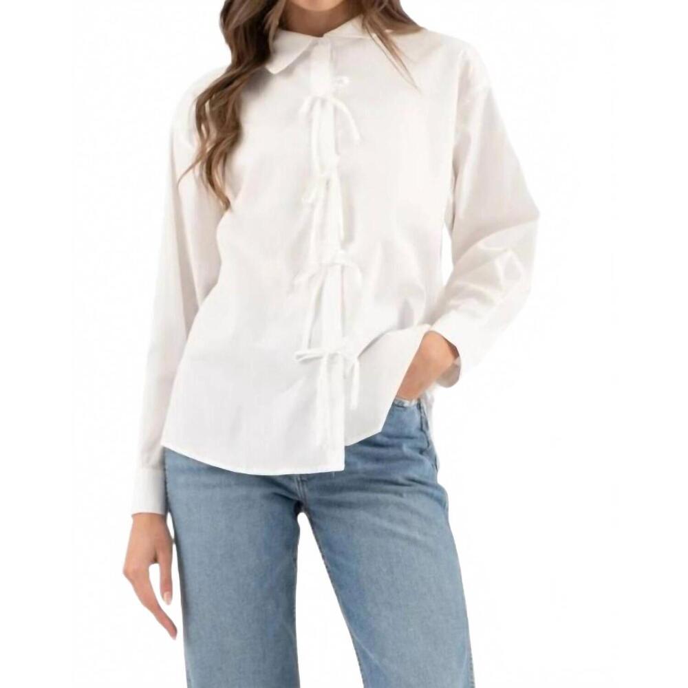 NEW ZOE AND CLAIRE ribbon detail poplin long sleeve top in white